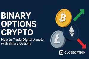 Binary options crypto trading guide showing Bitcoin, Ethereum, Litecoin coins and market trend arrows