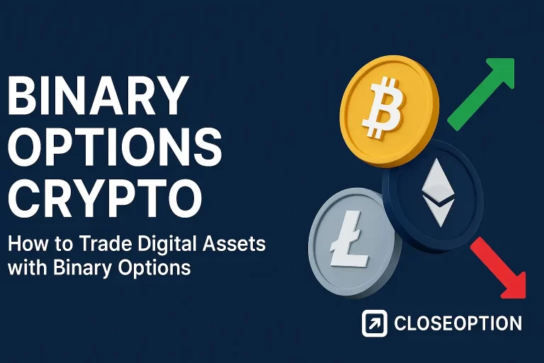 Binary options crypto trading guide showing Bitcoin, Ethereum, Litecoin coins and market trend arrows
